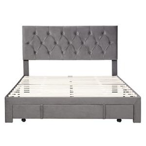 TARTOP Queen Size Storage Bed Velvet Upholstered Platform Bed with Drawer, Queen Size Upholstered Bed Frame with Headboard, No Box Spring Needed, Easy Assembly,Gray