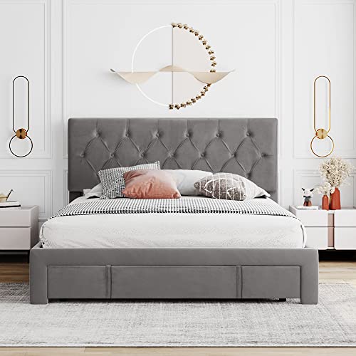 TARTOP Queen Size Storage Bed Velvet Upholstered Platform Bed with Drawer, Queen Size Upholstered Bed Frame with Headboard, No Box Spring Needed, Easy Assembly,Gray