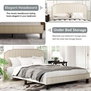 Queen Size Linen Upholstered Platform Bed Frame with Soft Nailhead Headboard and Wooden Slats Support, No Box Spring Needed for Boys Girls Teens Adults, Noise-Free, Under Bed Storage (Queen)