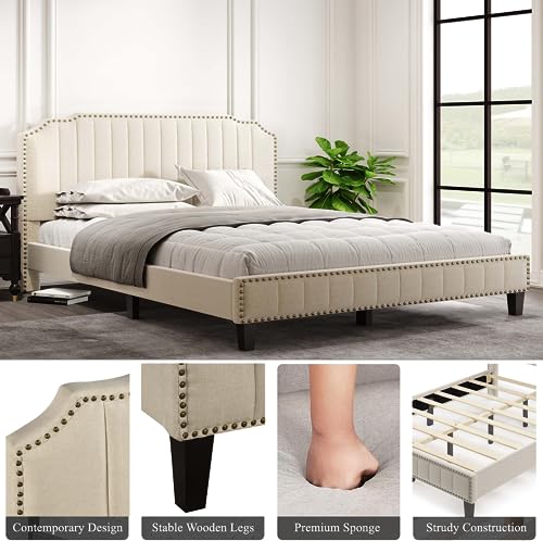 Queen Size Linen Upholstered Platform Bed Frame with Soft Nailhead Headboard and Wooden Slats Support, No Box Spring Needed for Boys Girls Teens Adults, Noise-Free, Under Bed Storage (Queen)