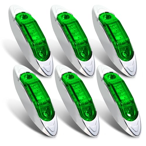 MADCATZ 2.5 Inch 6 Pcs of Green Mini Side Marker Clearance Lights w/Chrome Housing 6 LED F2 Bulbs Indicator Lamp 24V DC for Heavy Duty Truck Trailer Camper RV Boat QR6