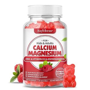 calcium magnesium zinc gummies, sugar free calcium supplement for women men, high absorption calcium with vitamin d3 gummies for bone & muscle & nerve health, vegan raspberry flavor - 60 count