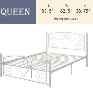 Queen Size Metal Platform Bed Frame with Vintage Headboard&Footboard, Premium Stable Steel Slat Support Mattress Foundation, No Box Spring Needed for Boys Girls Teens Adults, Under Bed Storage (Queen)
