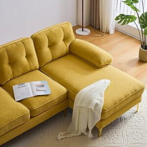 P PURLOVE Modern 3 Seater Sectional Sofa, L Shape Sofa with Comfortable Soft Back and Armrest, Modern Luxury Velvet Couch with Strong Metal Legs for Living Room Bedroom (Yellow)