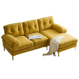 P PURLOVE Modern 3 Seater Sectional Sofa, L Shape Sofa with Comfortable Soft Back and Armrest, Modern Luxury Velvet Couch with Strong Metal Legs for Living Room Bedroom (Yellow)