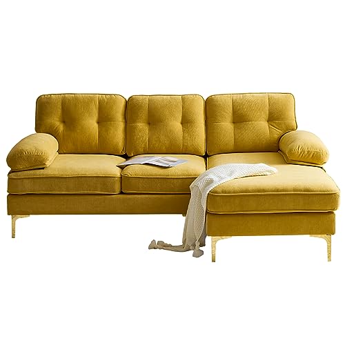 P PURLOVE Modern 3 Seater Sectional Sofa, L Shape Sofa with Comfortable Soft Back and Armrest, Modern Luxury Velvet Couch with Strong Metal Legs for Living Room Bedroom (Yellow)