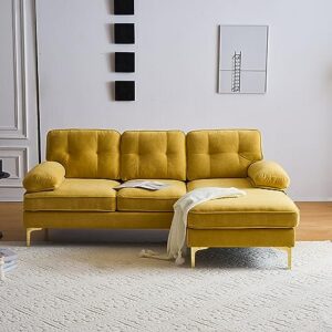 P PURLOVE Modern 3 Seater Sectional Sofa, L Shape Sofa with Comfortable Soft Back and Armrest, Modern Luxury Velvet Couch with Strong Metal Legs for Living Room Bedroom (Yellow)