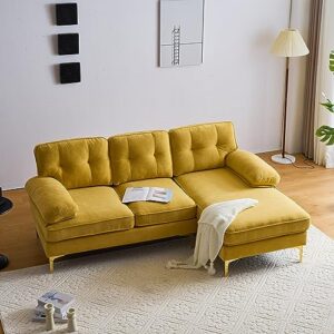 P PURLOVE Modern 3 Seater Sectional Sofa, L Shape Sofa with Comfortable Soft Back and Armrest, Modern Luxury Velvet Couch with Strong Metal Legs for Living Room Bedroom (Yellow)