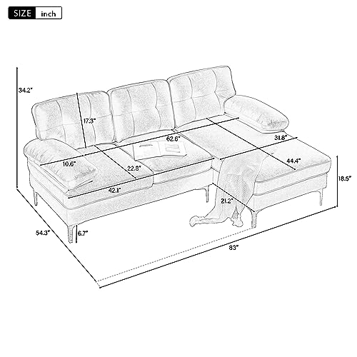 P PURLOVE Modern 3 Seater Sectional Sofa, L Shape Sofa with Comfortable Soft Back and Armrest, Modern Luxury Velvet Couch with Strong Metal Legs for Living Room Bedroom (Yellow)