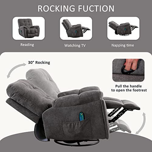 BOSMILLER Massage Oversize Recliner Chair with Vibration Massage and Heating Function Swivel Rocker Recliner Chair with USB Charge Port and 2 Hidden Cup Holders