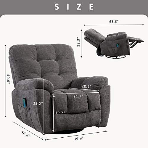 BOSMILLER Massage Oversize Recliner Chair with Vibration Massage and Heating Function Swivel Rocker Recliner Chair with USB Charge Port and 2 Hidden Cup Holders