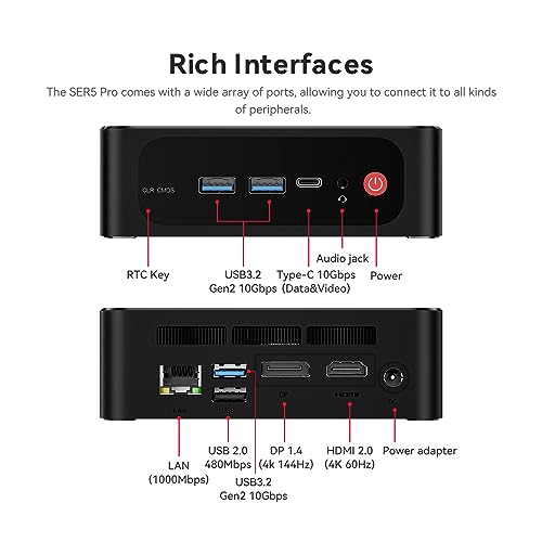 Beelink Mini PC, AMD Ryzen 7 5700U (8C/16T, up to 4.3GHz), 16GB DDR4 500GB M.2 NVMe SSD, SER5 Pro Mini Desktop Computer Support 4K@60Hz Triple Display/DP1.4/HDMI/Type-C/WiFi 6/BT5.2/Gaming/Office/Home