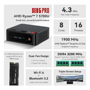 Beelink Mini PC, AMD Ryzen 7 5700U (8C/16T, up to 4.3GHz), 16GB DDR4 500GB M.2 NVMe SSD, SER5 Pro Mini Desktop Computer Support 4K@60Hz Triple Display/DP1.4/HDMI/Type-C/WiFi 6/BT5.2/Gaming/Office/Home