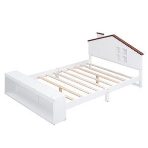 FIQHOME Full Size House Platform Bed,Wooden Kids Full Platform Bed Frame with LED Lights and Storage, Cute Single Full Led Bed for Girls Boys,No Box Spring Needed,White