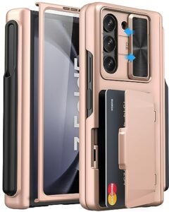 sixbox for galaxy z fold 5 case with card holder & screen protector & s pen holder & slide camera cover & hinge protection, shockproof wallet phone case for samsung z fold 5 2023, rose gold