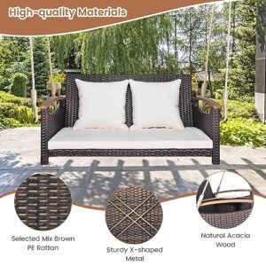 HAPPYGRILL 2-Seater Hanging Swing, Outdoor PE Rattan Hanging Swing with Curved Acacia Wood Armrests, Padded Cushions, Porch Swing Bench, Perfect for Patio Garden Deck, 800 lbs Weigh Capacity