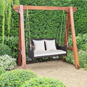 HAPPYGRILL 2-Seater Hanging Swing, Outdoor PE Rattan Hanging Swing with Curved Acacia Wood Armrests, Padded Cushions, Porch Swing Bench, Perfect for Patio Garden Deck, 800 lbs Weigh Capacity