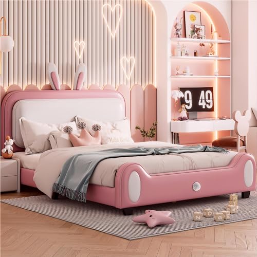 Quarte Cute Full Size Upholstered Rabbit-Shape Princess Bed,Full Size Leather Platform Bed with Headboard and Footboard for Kids Boys Girls