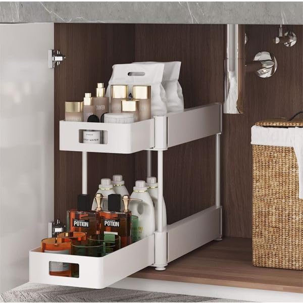 DAMGOLOZA 2 Pack Pull Out Under Sink Organizer, 2 Tier Multi Purpose For Bathroom Kitchen Sink Storage Organizer - White