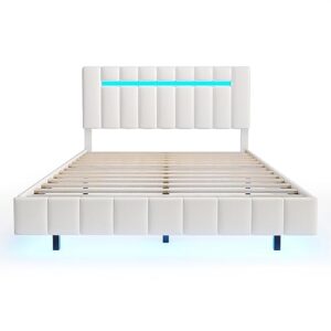 Modern Upholstered Platform LED Bed Frame, Queen Size Upholstered Bed with LED Lights and USB Charging, Floating Bed Frame with Wood Slats Suooprt, No Box Spring Needed (White, Floating Bed Frame 6)