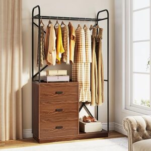 tribesigns freestanding clothes rack with 3 drawers, industrial garment rack wardrobe closet with hanging rod, heavy duty wood closet organizer for bedroom