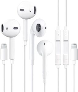 apple earbuds for iphone,2 pack wired headphones with lightning connector【apple mfi certified】 noise isolating earphones for iphone 14/14 pro/13/12/11/xr/xs/8/7 (built-in microphone & volume control)