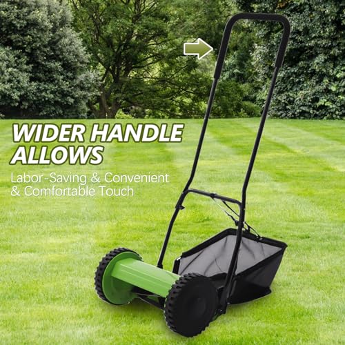 12" 5-Blade Reel Manual Push Lawn Mower with Grass Catcher, Adjustable Cutting Handle Height, Green
