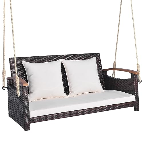 Tangkula Patio Rattan Porch Swing, 2-Person Hanging Chair with Seat & Back Cushions, Reinforced Metal Frame & 2 Hanging Hemp Ropes, Wicker Woven Swing Loveseat for Backyard, Front Porch (Off White)