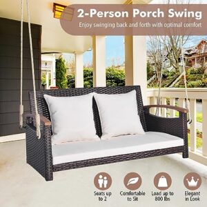 Tangkula Patio Rattan Porch Swing, 2-Person Hanging Chair with Seat & Back Cushions, Reinforced Metal Frame & 2 Hanging Hemp Ropes, Wicker Woven Swing Loveseat for Backyard, Front Porch (Off White)