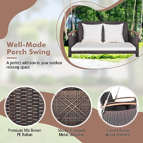 Tangkula Patio Rattan Porch Swing, 2-Person Hanging Chair with Seat & Back Cushions, Reinforced Metal Frame & 2 Hanging Hemp Ropes, Wicker Woven Swing Loveseat for Backyard, Front Porch (Off White)