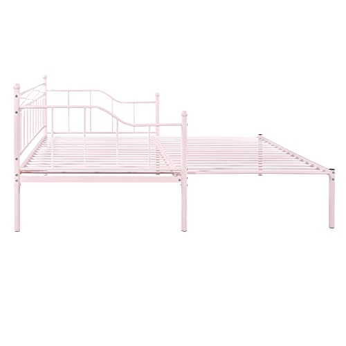 LCH Twin Size Daybed with Trundle, Metal Day Bed with Steel Slat Support,Sofa Bed Frame for Children, Teens and Adults, No Spring Box Need, Suitable for Bedroom, Apartment and Dorm, Pink