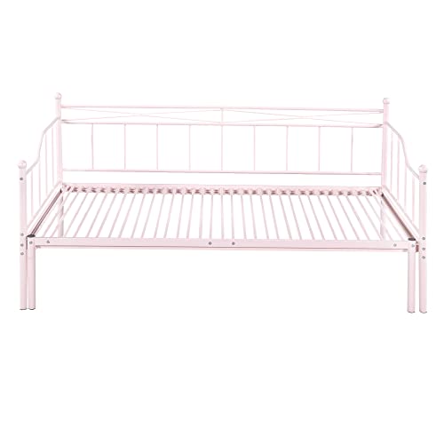 LCH Twin Size Daybed with Trundle, Metal Day Bed with Steel Slat Support,Sofa Bed Frame for Children, Teens and Adults, No Spring Box Need, Suitable for Bedroom, Apartment and Dorm, Pink