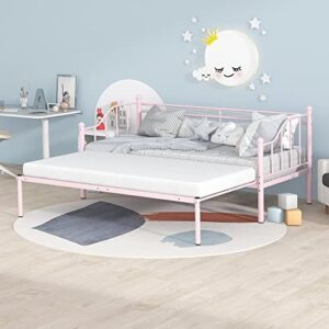 LCH Twin Size Daybed with Trundle, Metal Day Bed with Steel Slat Support,Sofa Bed Frame for Children, Teens and Adults, No Spring Box Need, Suitable for Bedroom, Apartment and Dorm, Pink