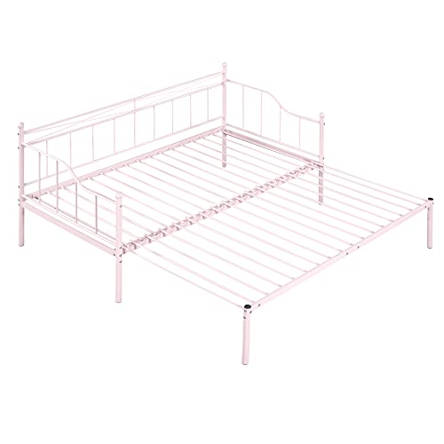 LCH Twin Size Daybed with Trundle, Metal Day Bed with Steel Slat Support,Sofa Bed Frame for Children, Teens and Adults, No Spring Box Need, Suitable for Bedroom, Apartment and Dorm, Pink