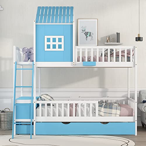 Lepfun Full House Twin Size Trundle, Solid Wood Farmhouse Bunk Storage Box and Drawer, for Kids Teens Adults, Practical Durable Bed for Bedroom, Apartment, Dorm (Blue)