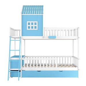 Lepfun Full House Twin Size Trundle, Solid Wood Farmhouse Bunk Storage Box and Drawer, for Kids Teens Adults, Practical Durable Bed for Bedroom, Apartment, Dorm (Blue)