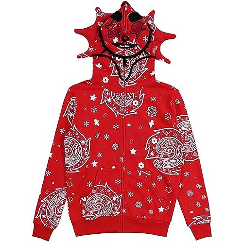 Sunwittafy Y2k Hoodie Men Women Funny Graphic Full Zip Up Hoodie Over Face Camo Lazy Style Oversized Sweatshirt Demon Jacket