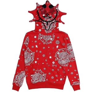 sunwittafy y2k hoodie men women funny graphic full zip up hoodie over face camo lazy style oversized sweatshirt demon jacket
