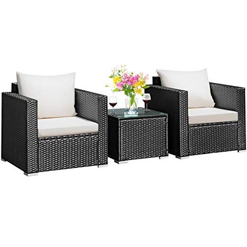 COSTWAY 3 PCS Patio Wicker Furniture Set Conversation Rattan Sofa Set w/Cushion Garden White