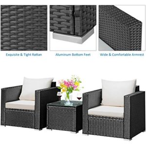 COSTWAY 3 PCS Patio Wicker Furniture Set Conversation Rattan Sofa Set w/Cushion Garden White