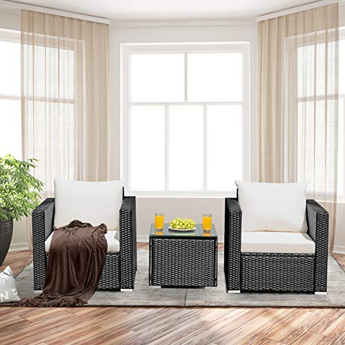 COSTWAY 3 PCS Patio Wicker Furniture Set Conversation Rattan Sofa Set w/Cushion Garden White