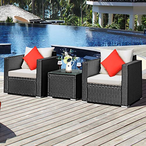 COSTWAY 3 PCS Patio Wicker Furniture Set Conversation Rattan Sofa Set w/Cushion Garden White