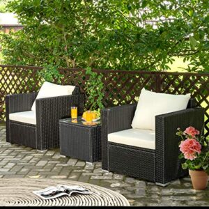 COSTWAY 3 PCS Patio Wicker Furniture Set Conversation Rattan Sofa Set w/Cushion Garden White