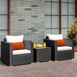 COSTWAY 3 PCS Patio Wicker Furniture Set Conversation Rattan Sofa Set w/Cushion Garden White