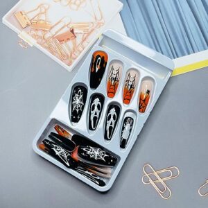 Halloween Fake Nails- 24Pcs Halloween Press on Nails Long Coffin False Nails Square Glue on Nails Gothic Ghost Spider Web Full Cover Halloween False Nails for Women Girls Acrylic Nails Decoration