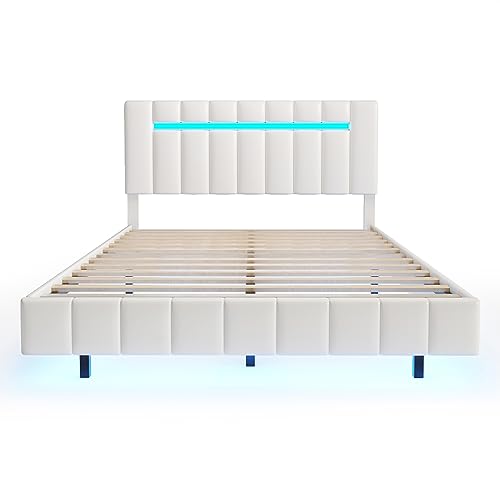 Classic Queen Size Floating Bed with LED Lights and USB Charging, Modern Upholstered Platform LED Bed Frame with Headboard for Kids Teens Adults, Velcro Slats Design (White-kk147)