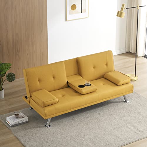 Modern Leather Futon Sofa, Convertible Sleeper Couch Bed Daybed Loveseat, Folding Recliner with 2 Cup Holders, 3 Angles and Metal Legs, Removable Armrest for Compact Living Space