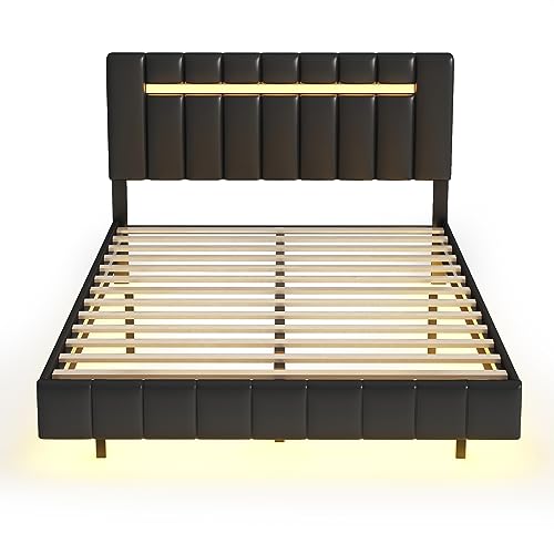 VilroCaz Modern Queen Size Floating Bed with LED Lights and USB Charging, PU Upholstered Platform Bed LED Bed Frame with Strong Wood Slats Support, No-Noise Design (A-Black)