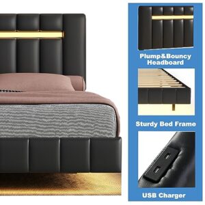 VilroCaz Modern Queen Size Floating Bed with LED Lights and USB Charging, PU Upholstered Platform Bed LED Bed Frame with Strong Wood Slats Support, No-Noise Design (A-Black)