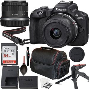 canon eos r50 mirrorless camera with rf-s 18-45mm f/4.5-6.3 is stm lens + 64gb memory card + tripod + case & more